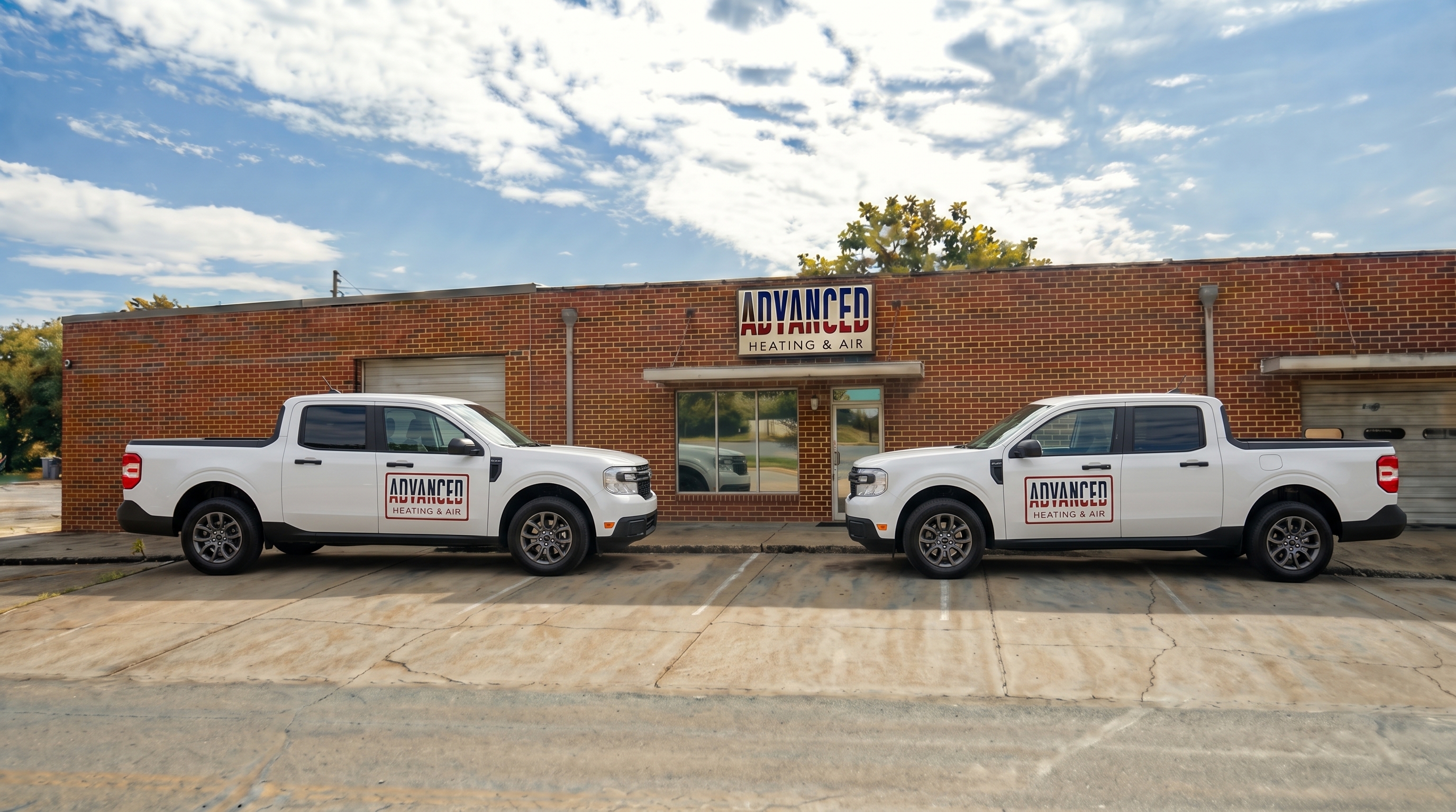 Two Advanced Heating & Air Ford Maverick trucks parked in front of the Ada shop